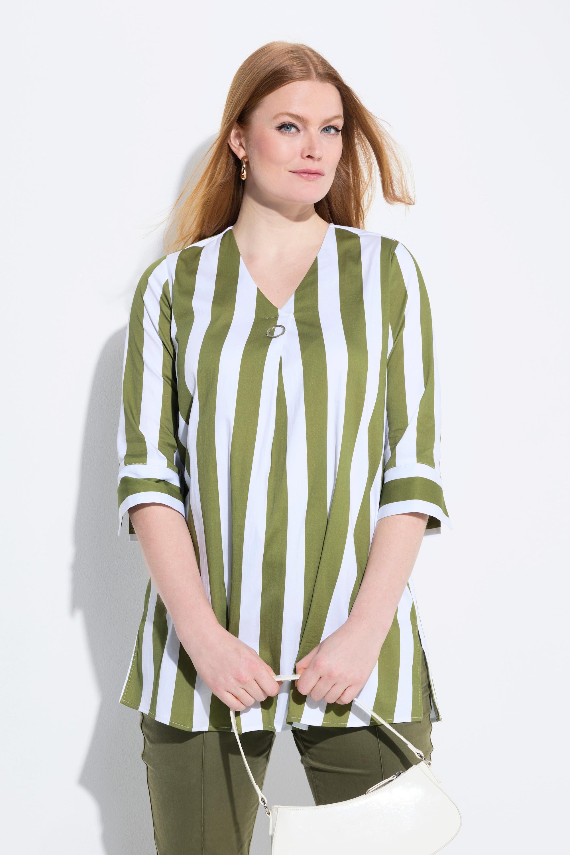 Ulla Popken Righe Verticali Taglio Svasato Scollo a V Maniche 3/4 Blusa  