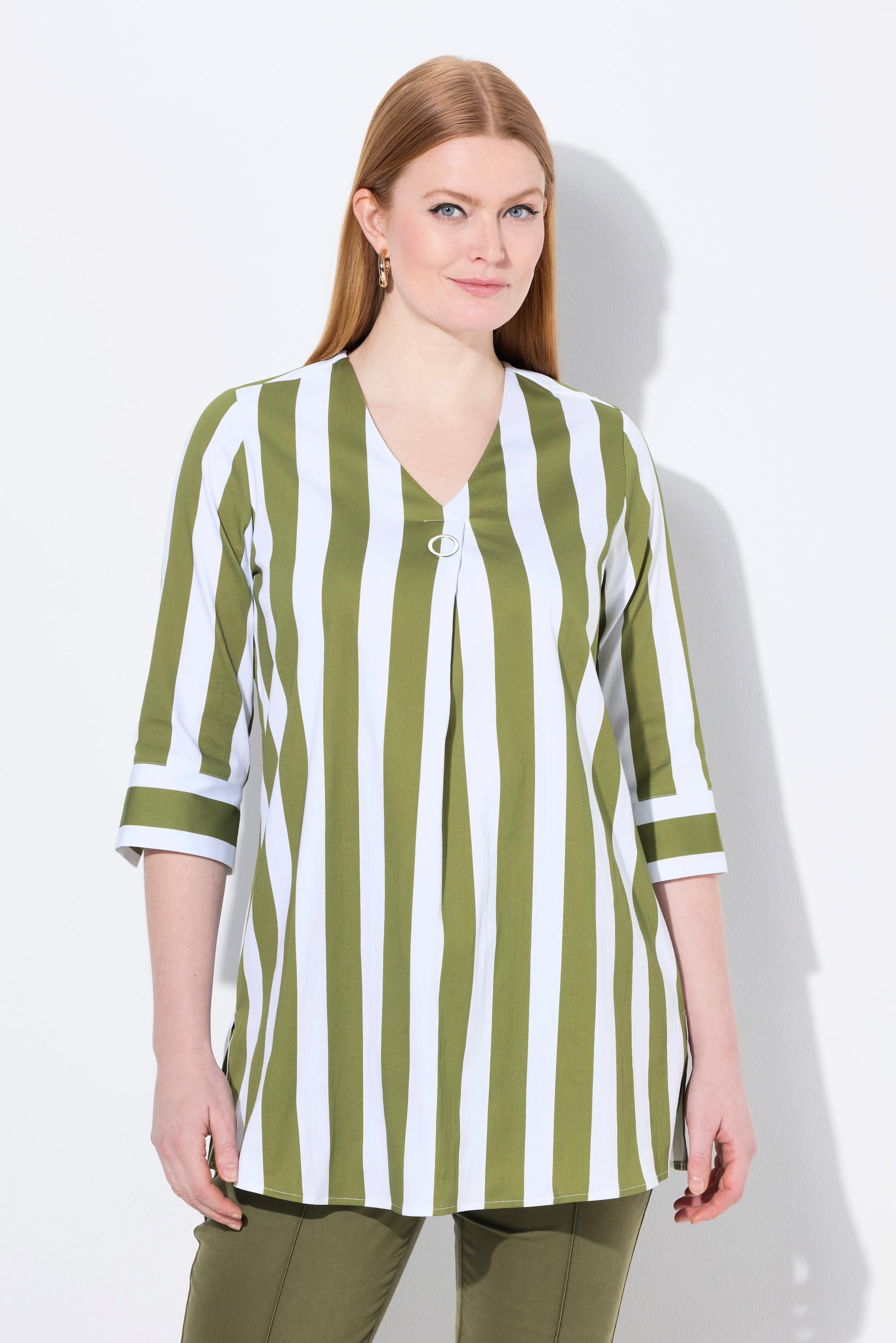 Ulla Popken Righe Verticali Taglio Svasato Scollo a V Maniche 3/4 Blusa  