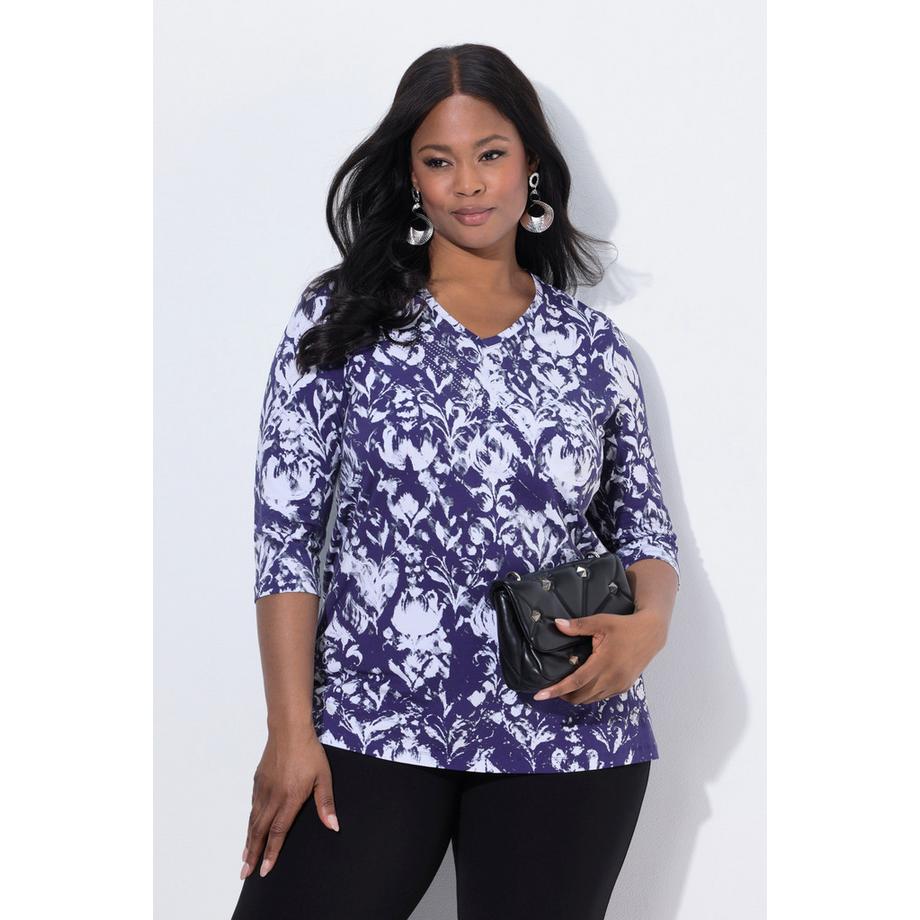 Ulla Popken T-shirt Pierres Fantaisie Coupe Évasée Col V Manches 3/4  