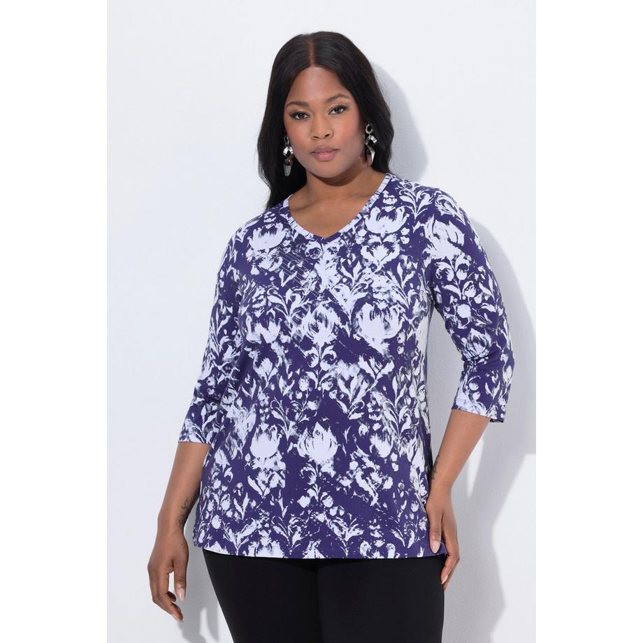 Ulla Popken T-shirt Pierres Fantaisie Coupe Évasée Col V Manches 3/4  