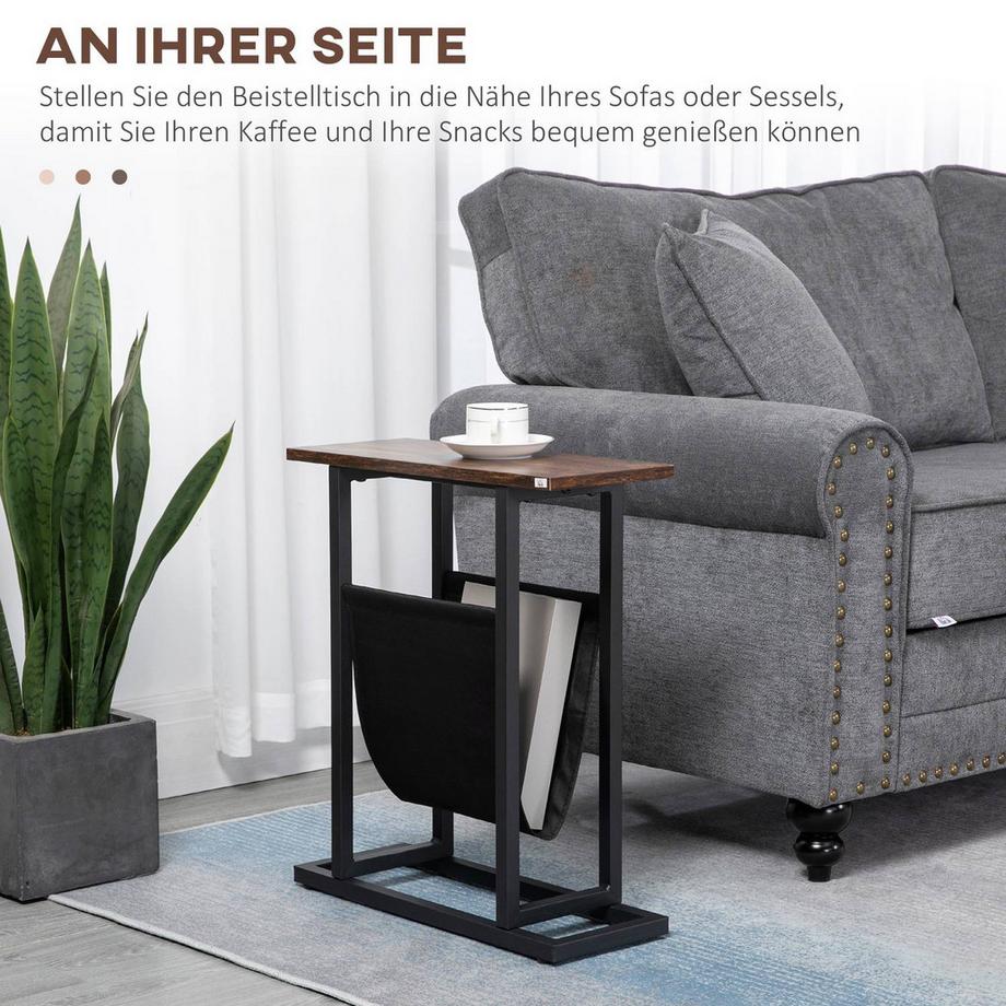 Northio Beistelltisch Couchtisch mit Stofftasche & Stahlrahmen, Nachttisch für Schlafzimmer oder Wohnzimmer, dunkelbraun und  