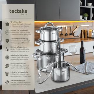 Tectake Batterie de cuisine TURIN 15 pièces, acier inoxydable, adaptée à l'induction  