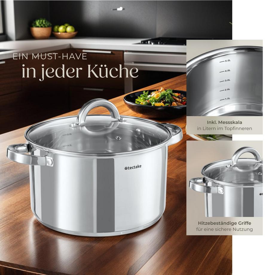 Tectake Batteria di pentole Torino 15 pezzi, in acciaio inossidabile, adatte per induzione  