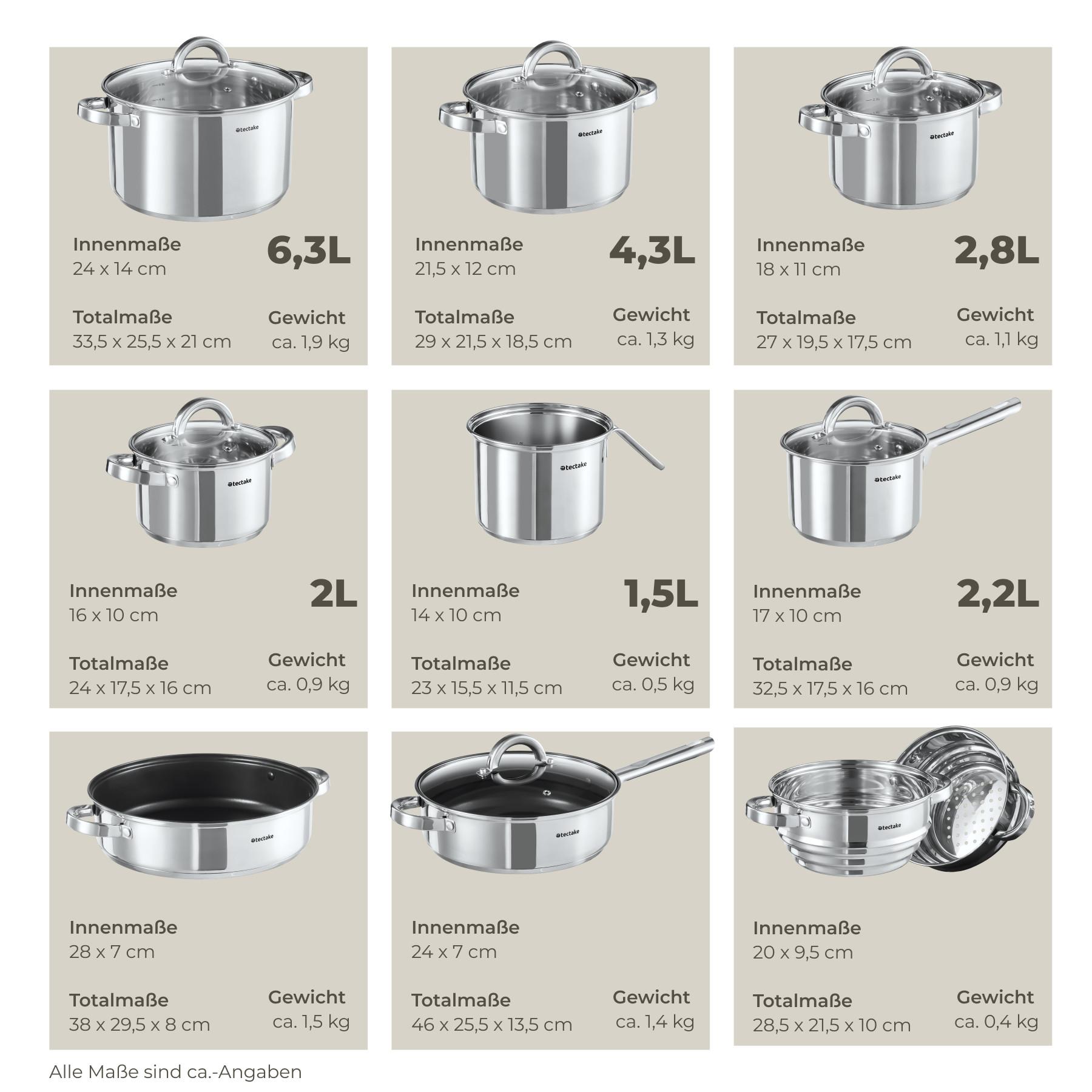 Tectake Batterie de cuisine TURIN 15 pièces, acier inoxydable, adaptée à l'induction  