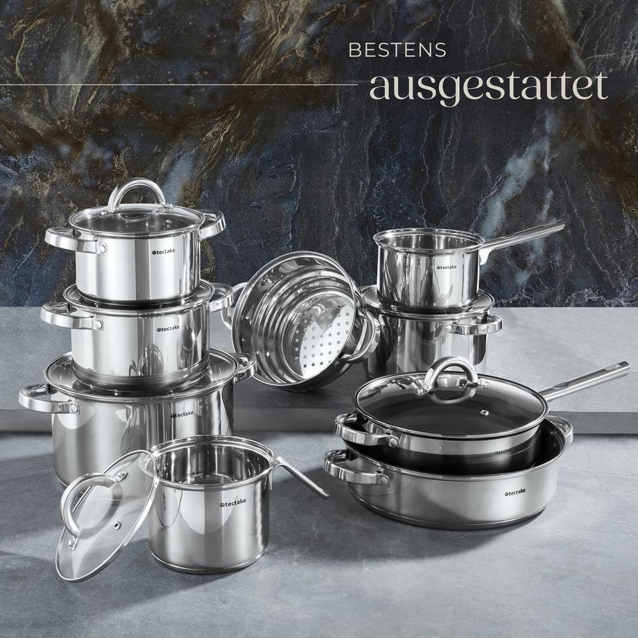 Tectake Batteria di pentole Torino 15 pezzi, in acciaio inossidabile, adatte per induzione  