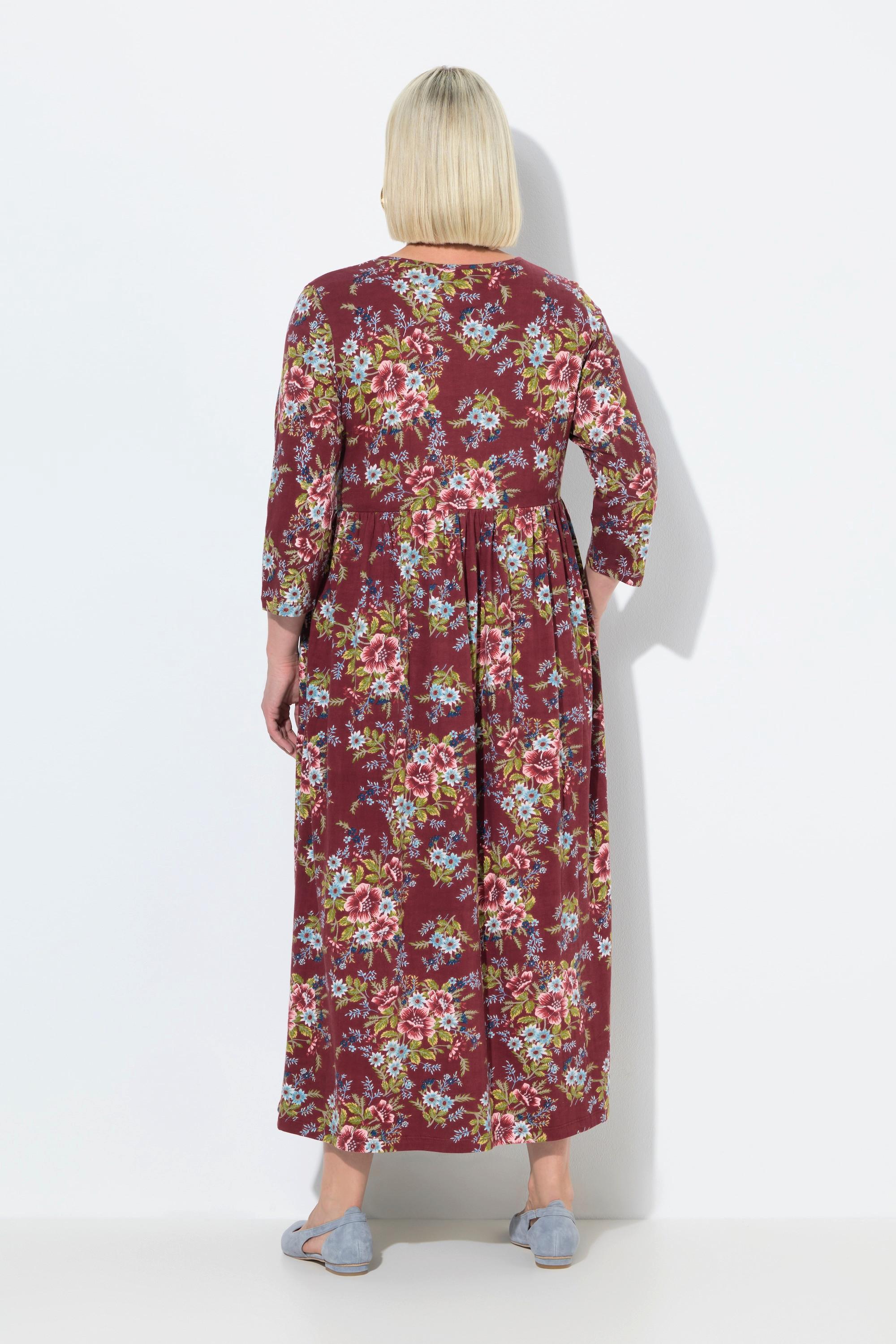 Ulla Popken Abito Lungo Jersey Floreale Linea ad A Scollo a Tunica Maniche 3/4  