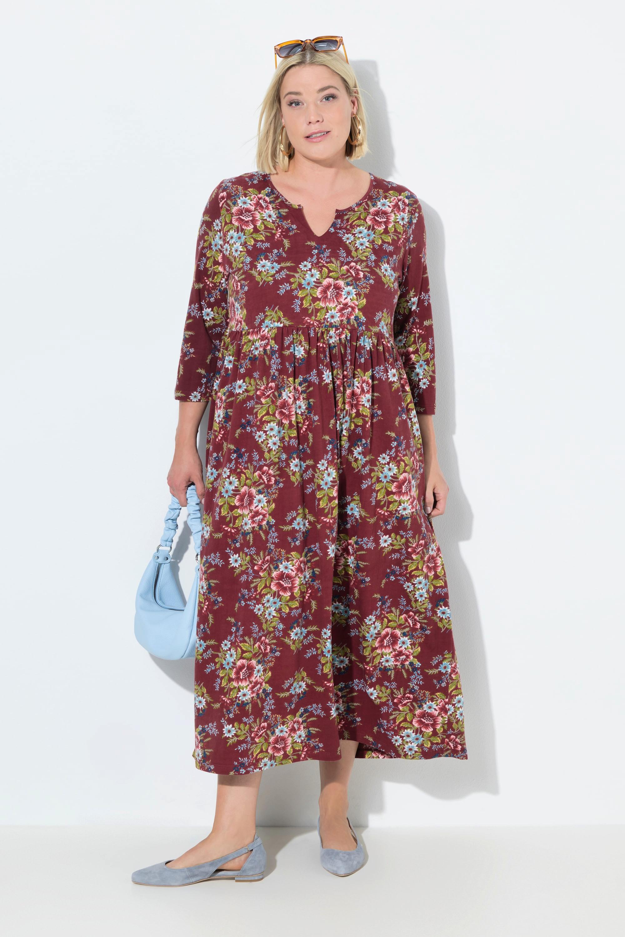 Ulla Popken Abito Lungo Jersey Floreale Linea ad A Scollo a Tunica Maniche 3/4  