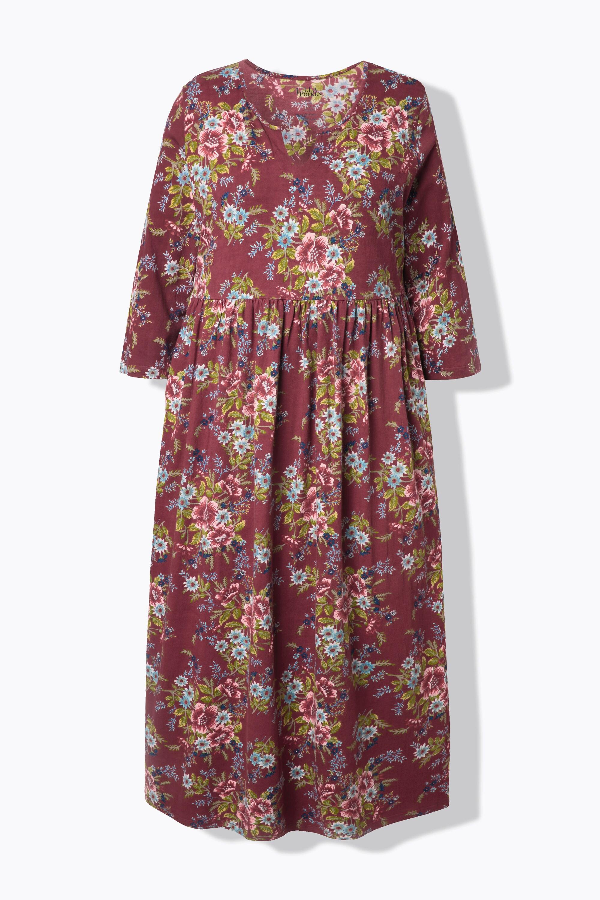 Ulla Popken Abito Lungo Jersey Floreale Linea ad A Scollo a Tunica Maniche 3/4  