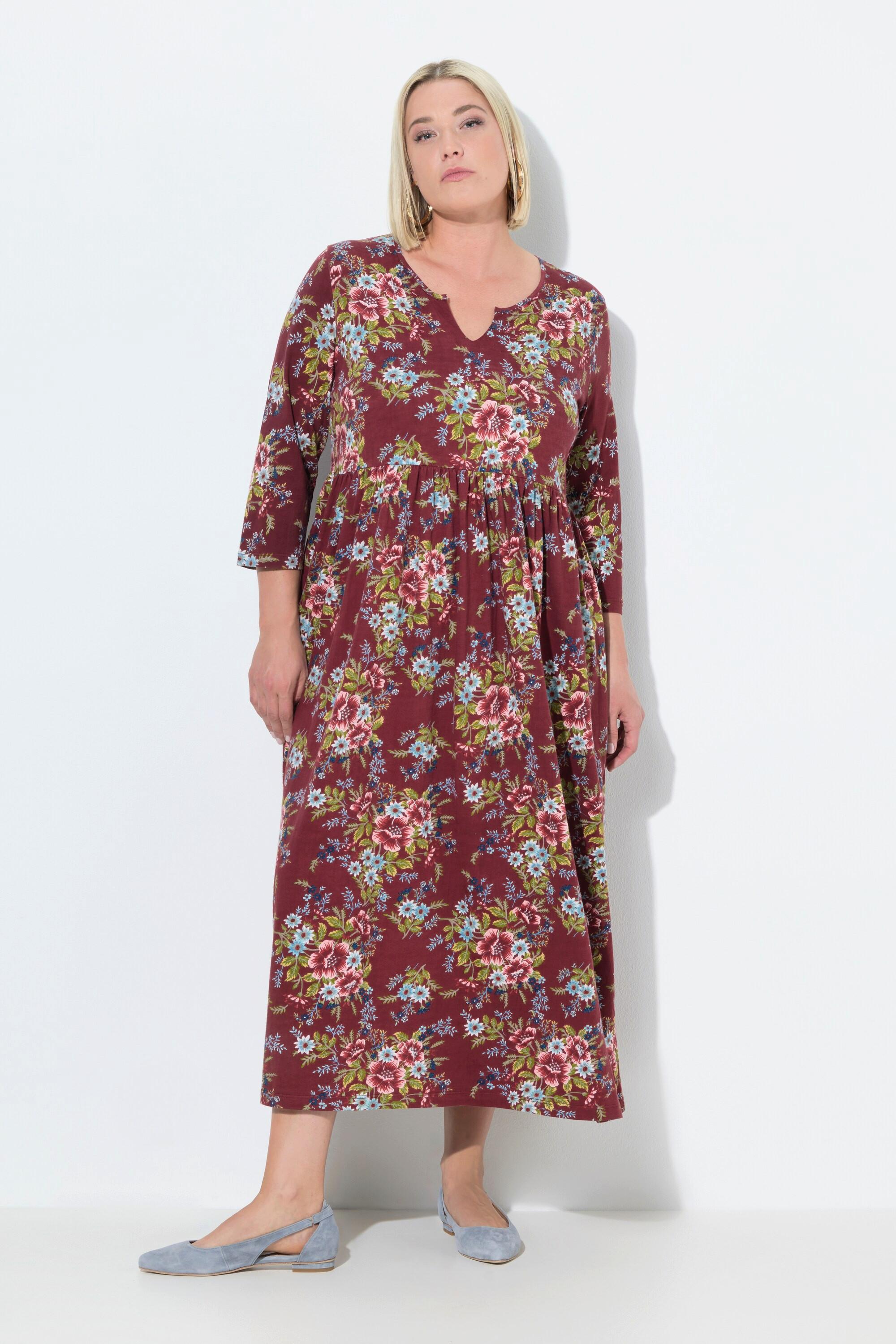 Ulla Popken Abito Lungo Jersey Floreale Linea ad A Scollo a Tunica Maniche 3/4  