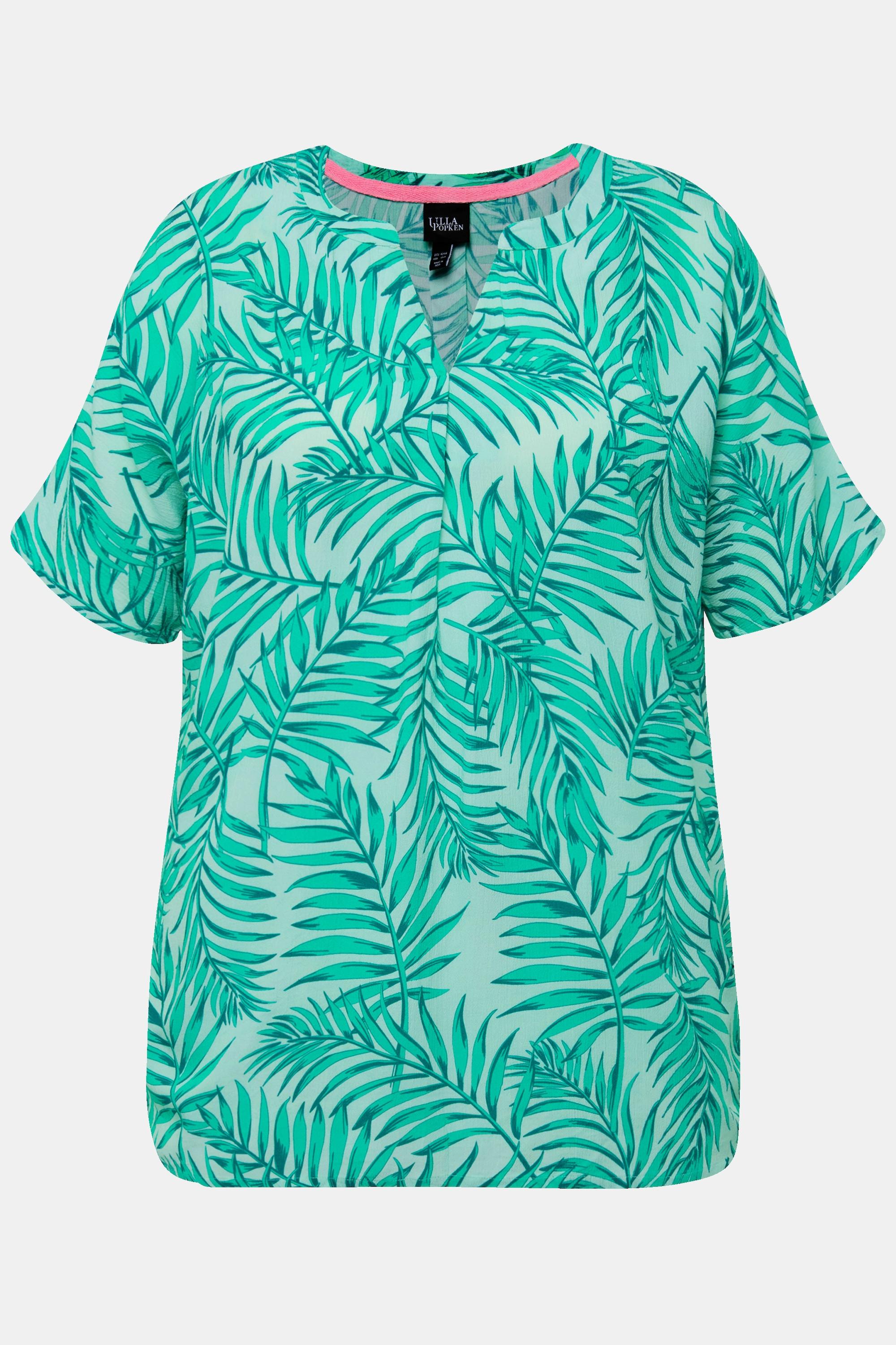 Ulla Popken  Blouse en crêpe motif palmiers à manches courtes et encolure en V. Ligne A 