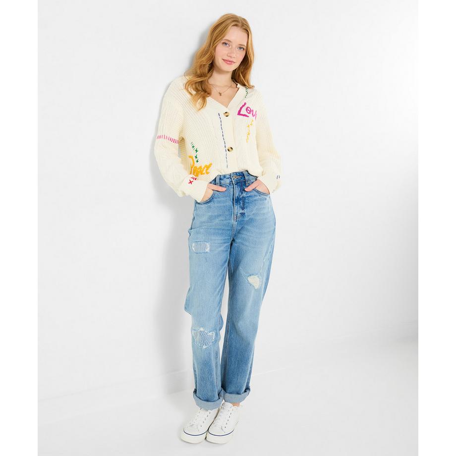 Oversize-Strickjacke mit Stickerei und Zopfmuster