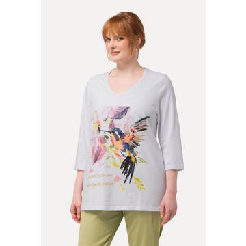 T-shirt, oiseau, coupe évasée, col V, manches 3/4