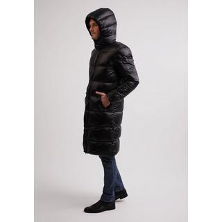 CASH-MERE.CH  Long manteau matelassé en duvet d’aspect brillant, dotée d’une capuche à doublure en cachemire 