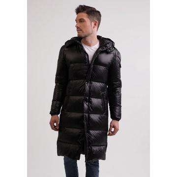 Long manteau matelassé en duvet d’aspect brillant, dotée d’une capuche à doublure en cachemire