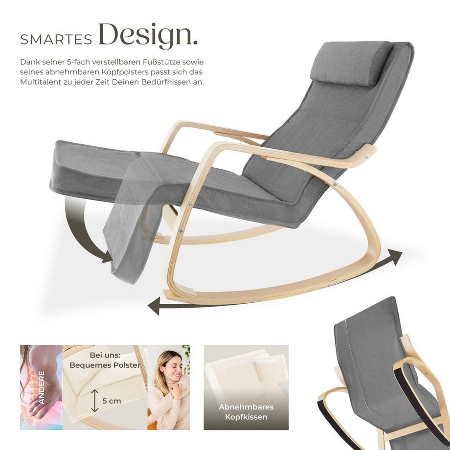 Tectake Schaukelstuhl Onda mit Armlehnen, Gestell aus Birkenholz bequeme Polsterung mit Kopfkissen  