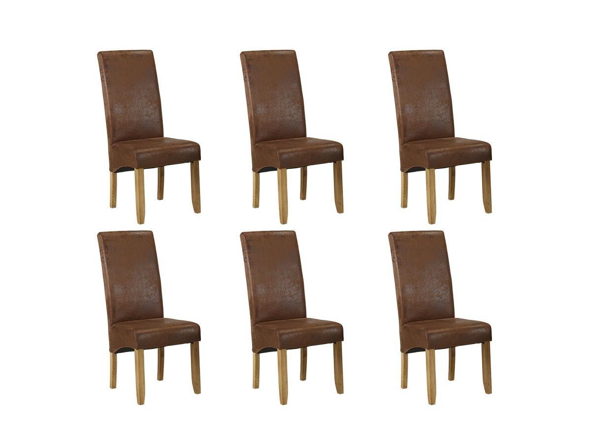 Vente-unique Lot de 6 chaises SANTOS Microfibre aspect cuir vieilli Pieds bois clair  