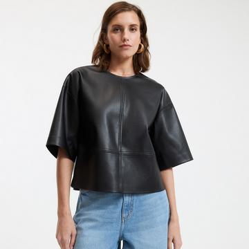 Bluse aus Kunstleder mit Rundhalsausschnitt und 3/4-Ärmeln