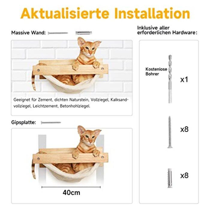 Alopini  Katzenhängematte Wand, Großes Katzenregal zur Wandmontage, aus massivem Gummibaumholz, Modernes 