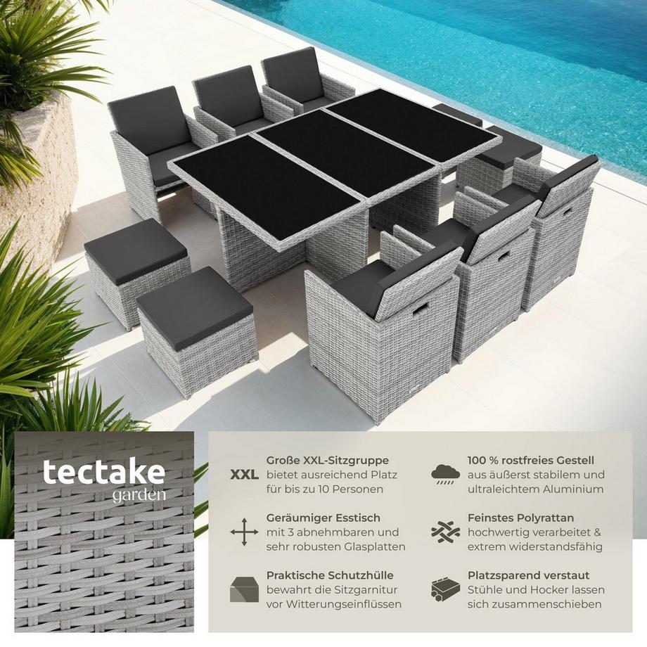 Tectake Rattan Sitzgruppe, Gartenmöbel Set 6+4+1, Schutzhülle, umklappbare Lehnen, robustes Design  