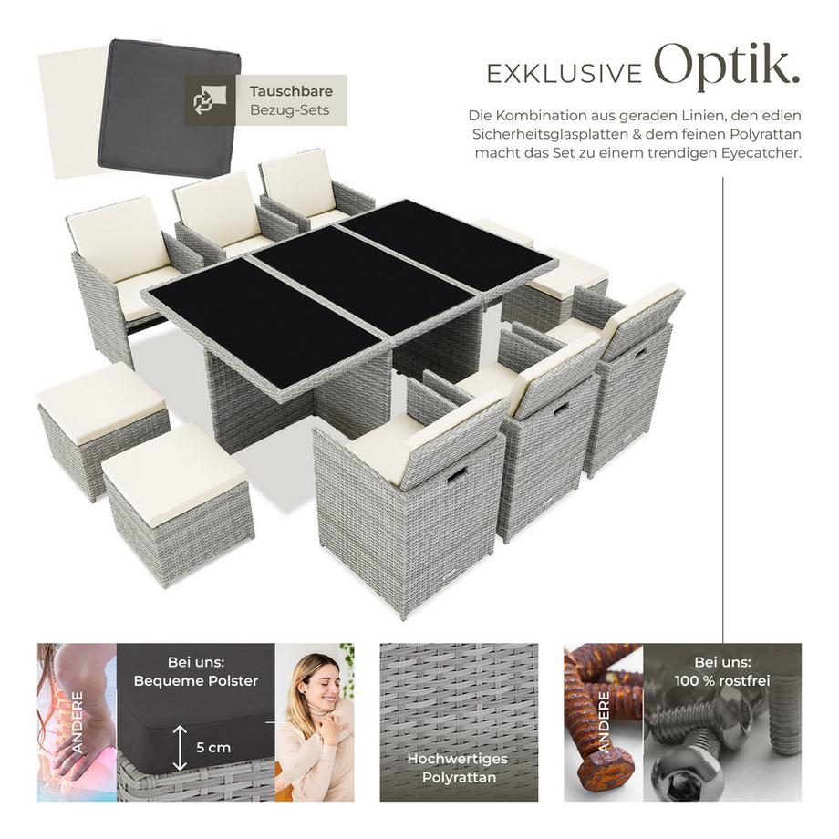 Tectake Rattan Sitzgruppe, Gartenmöbel Set 6+4+1, Schutzhülle, umklappbare Lehnen, robustes Design  