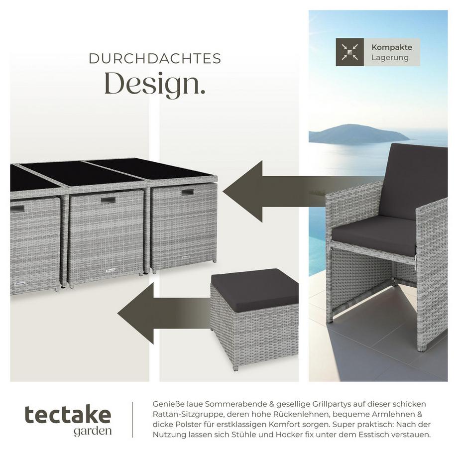 Tectake Rattan Sitzgruppe, Gartenmöbel Set 6+4+1, Schutzhülle, umklappbare Lehnen, robustes Design  