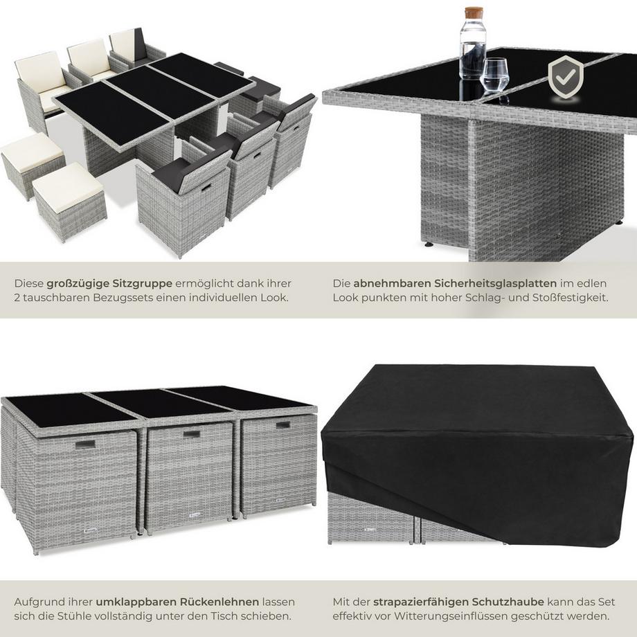 Tectake Rattan Sitzgruppe, Gartenmöbel Set 6+4+1, Schutzhülle, umklappbare Lehnen, robustes Design  