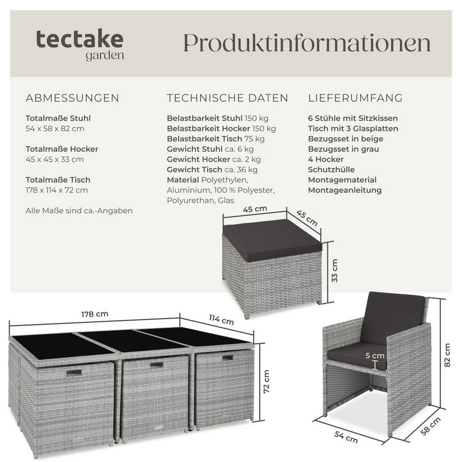 Tectake Rattan Sitzgruppe, Gartenmöbel Set 6+4+1, Schutzhülle, umklappbare Lehnen, robustes Design  