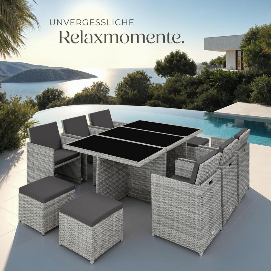 Tectake Rattan Sitzgruppe, Gartenmöbel Set 6+4+1, Schutzhülle, umklappbare Lehnen, robustes Design  
