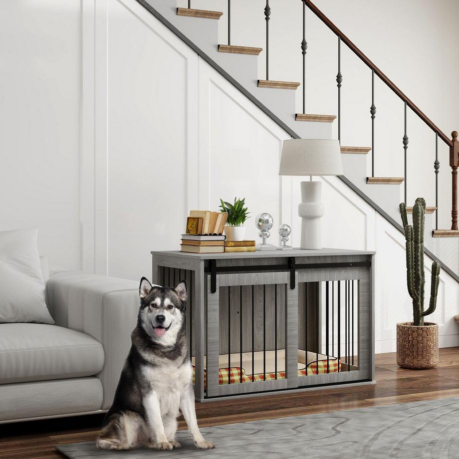 Northio  Hundekäfig für Zuhause, Abschließbar Hundehütte mit Eingang, Hundebox mit Schiebetür, Hundehaus für große Hunde unter 30 kg, Grau, 98 x 58 x 61 cm 