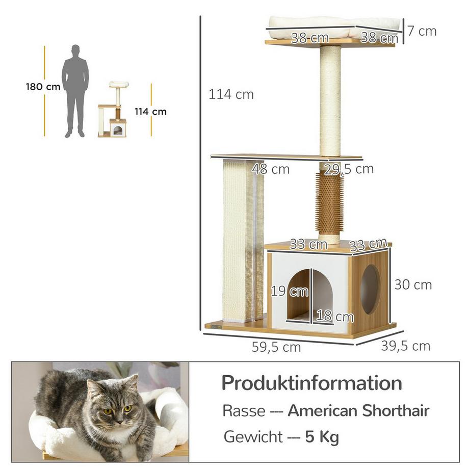 Northio  Arbre À Chat À Plusieurs Niveaux De 114 Cm Avec Grotte À Chat Et Colonne De Chatouillement, Pour Chats Jusqu'À 5 Kg, Chêne 