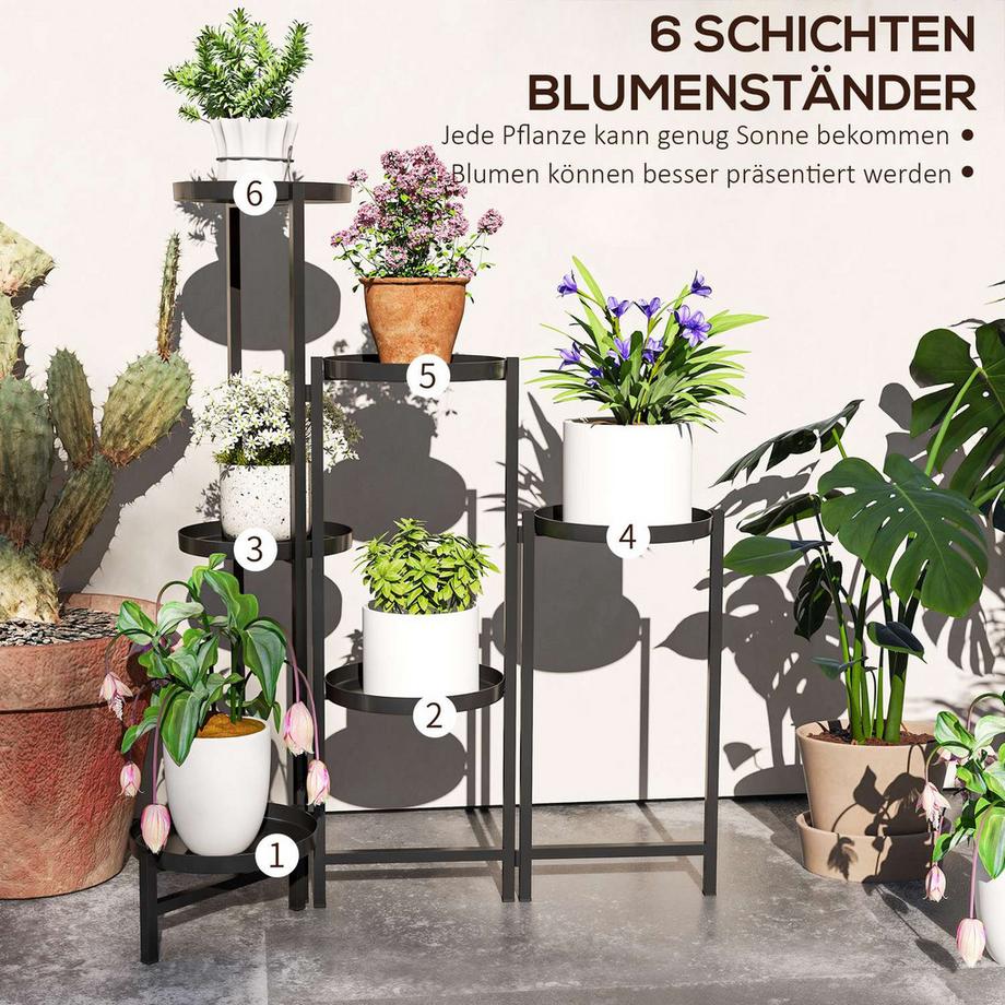 Northio 6-Etagen Pflanzenständer mit Tabletten, klappbar Blumenständer für Innen, Pflanzenregal aus Metall, mehrstöckig Blumenregal, 80cm hoch Blumentreppe blumensäule für Garten Balkon, Schwarz Aosom  