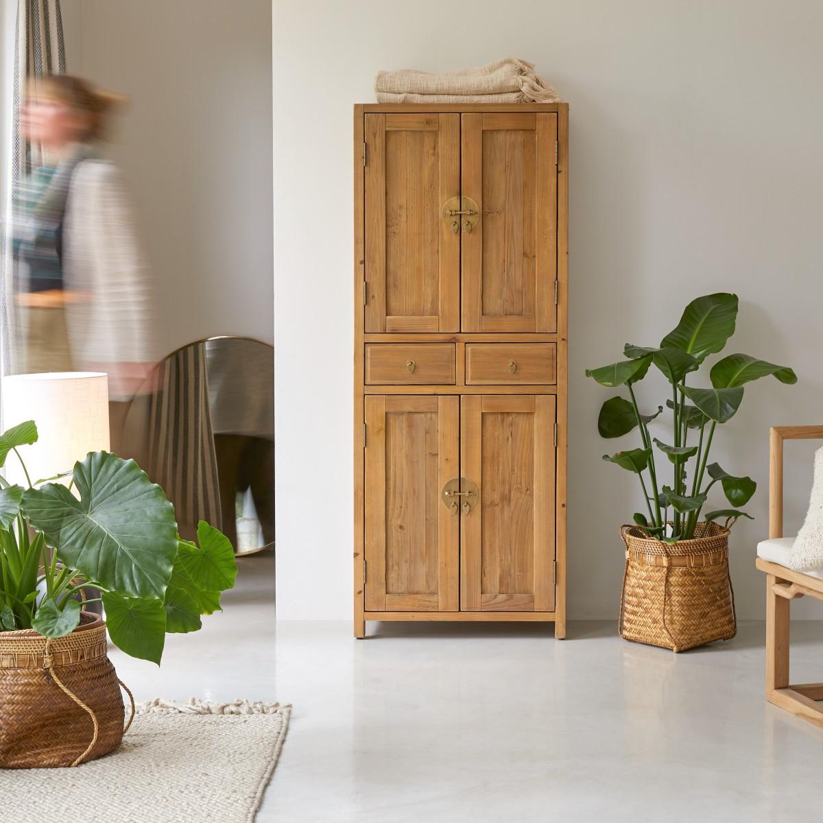 Tikamoon Armoire de rangement en pin massif recyclé Naturel Yuki  