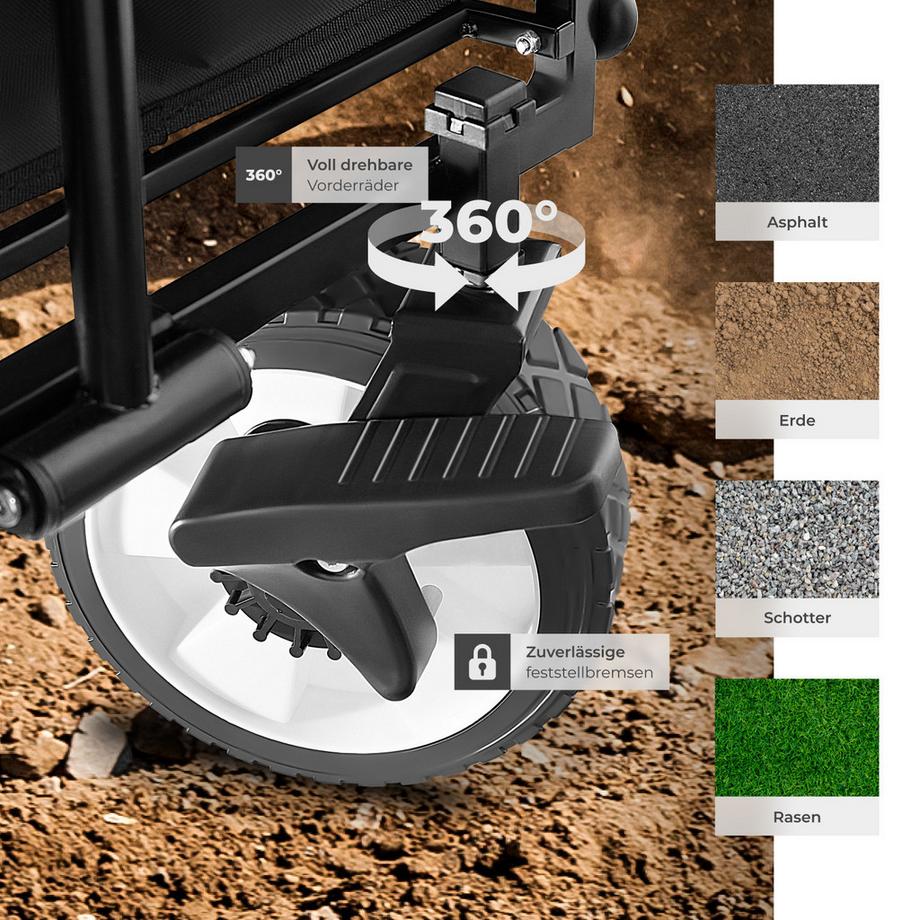 Tectake  Bollerwagen Leon faltbar mit Bremsen und gummierten Kunststoffrädern 