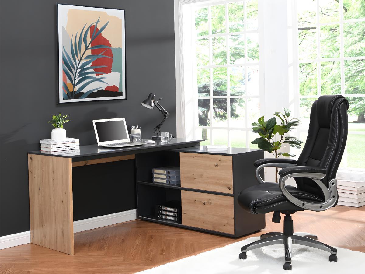 Vente-unique Bureau d'angle avec 2 porte coulissantes - MDF - Coloris : Naturel et noir - COLIOBA  