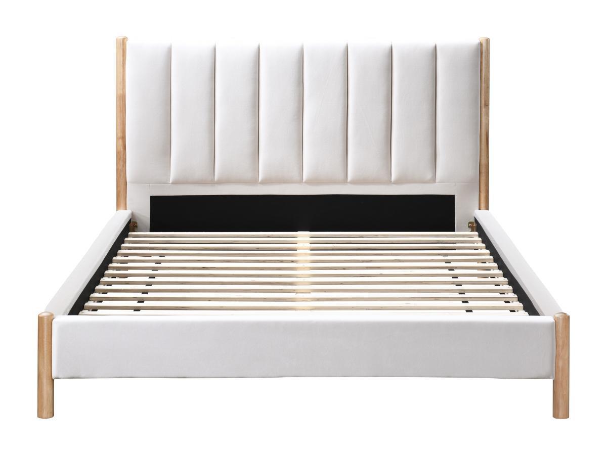 Vente-unique Bett 160 x 200 cm - Kopfteil mit vertikalen Ziernähten - Samt - Elfenbeinfarben - SIZAMA  