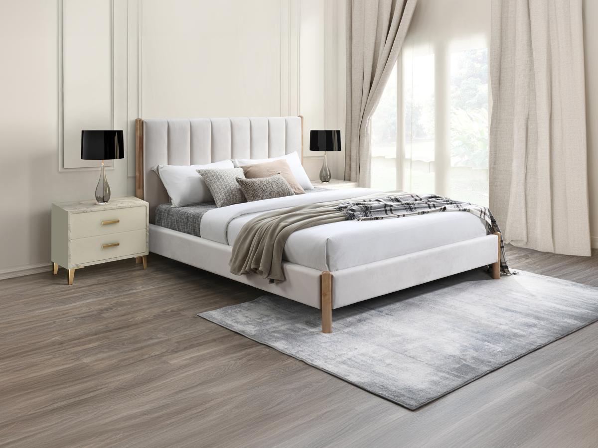 Vente-unique Letto 160 x 200 cm con testata letto impunture verticali Velluto Avorio - SIZAMA  