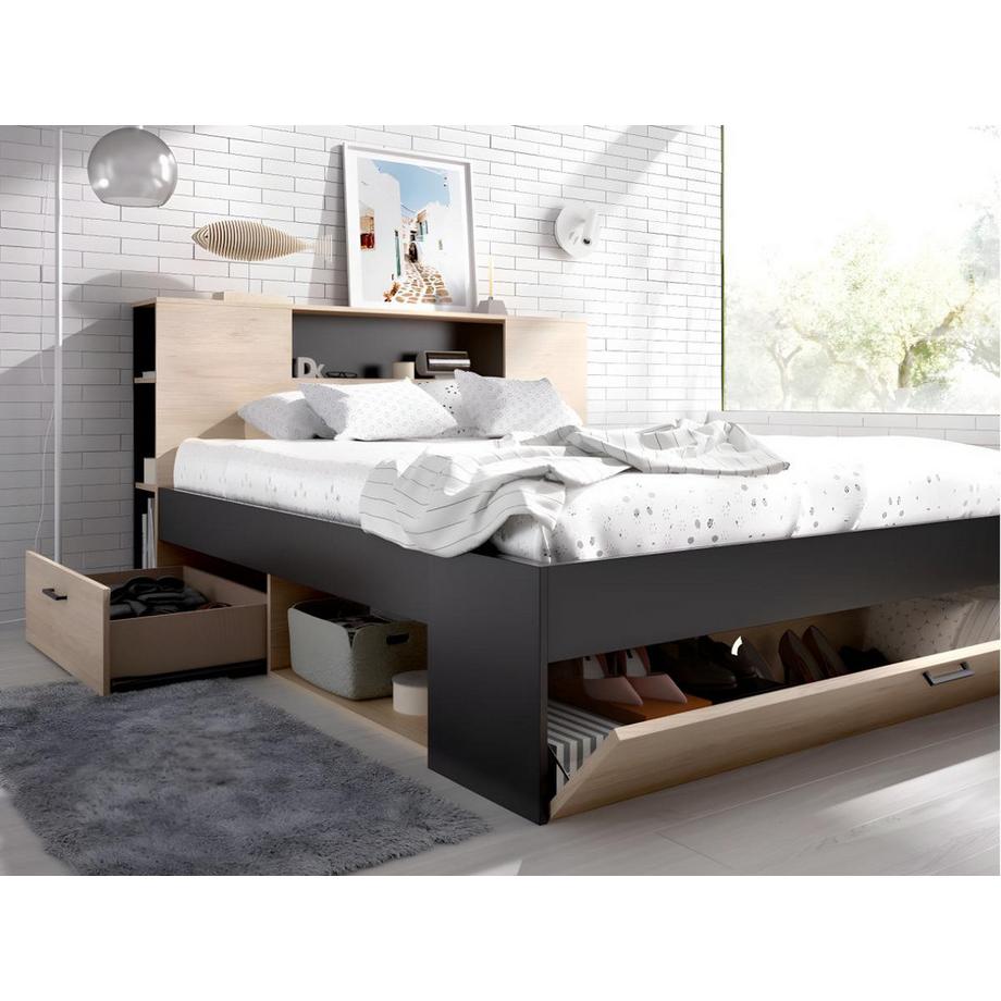 Vente-unique Bett mit Stauraum Schubladen Eiche LEANDRE  