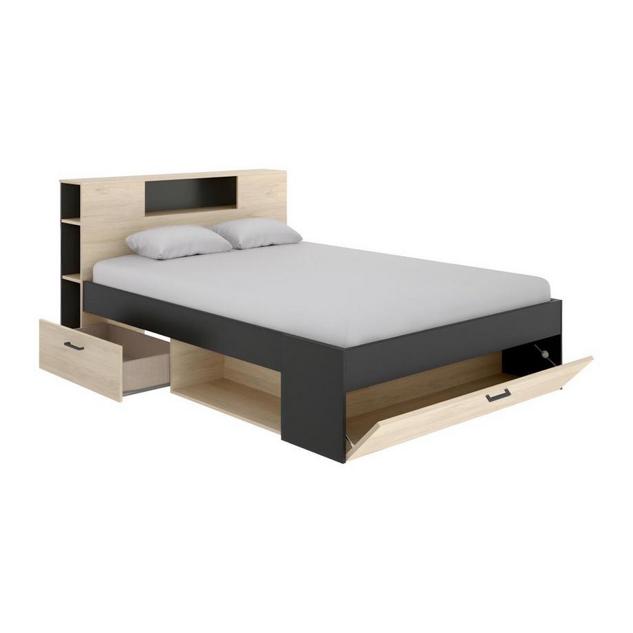 Vente-unique Bett mit Stauraum Schubladen Eiche LEANDRE  