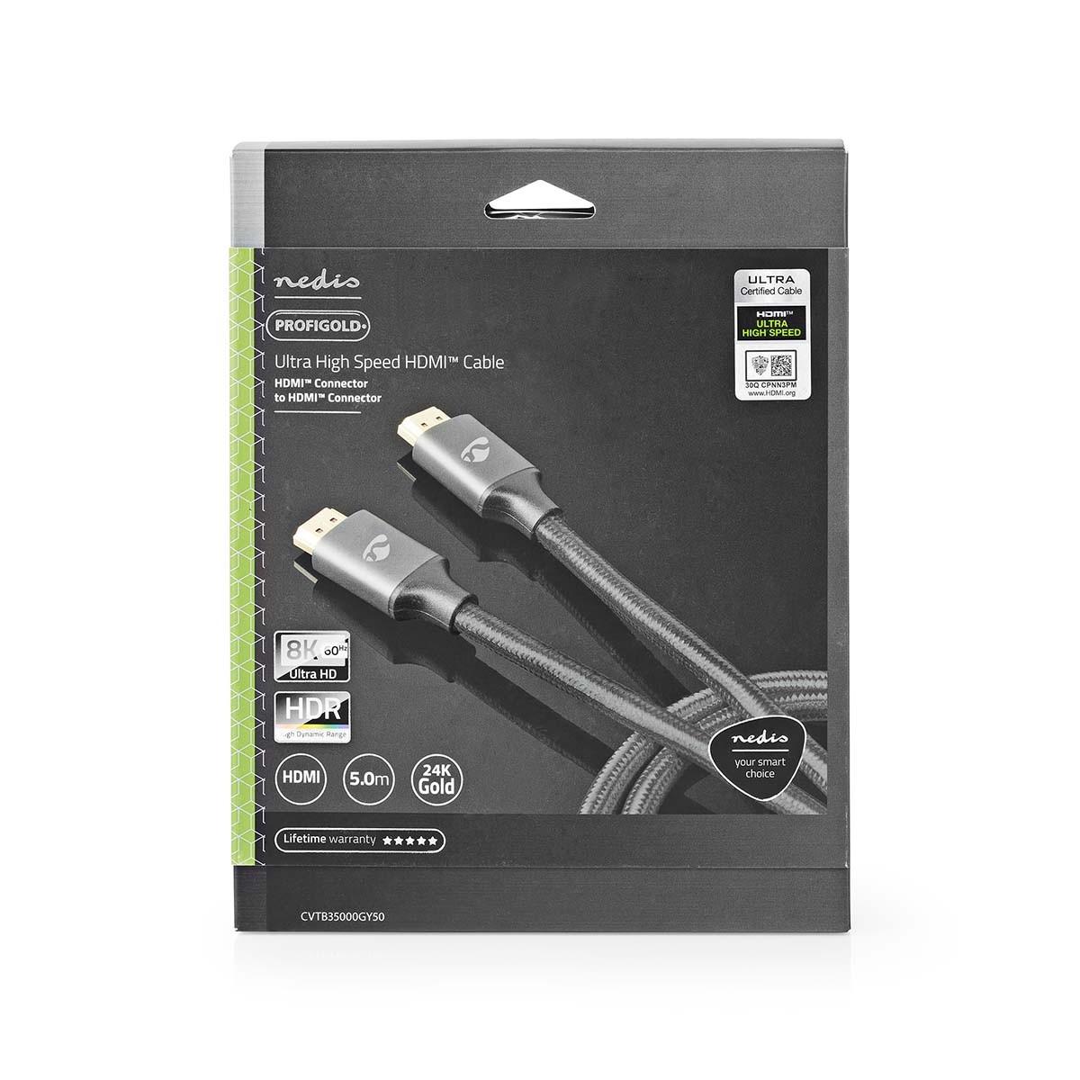 Nedis  Câble HDMI™ Ultra High Speed | Connecteur HDMI™ | Connecteur HDMI™ | 8K@60Hz | 48 Gbps | 5,00 m | Rond | 6,7 mm | Gris avec métal | Serrures 
