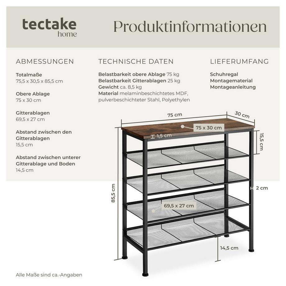 Tectake Schuhregal Bournemouth Industrial Style Holz und Stahl  