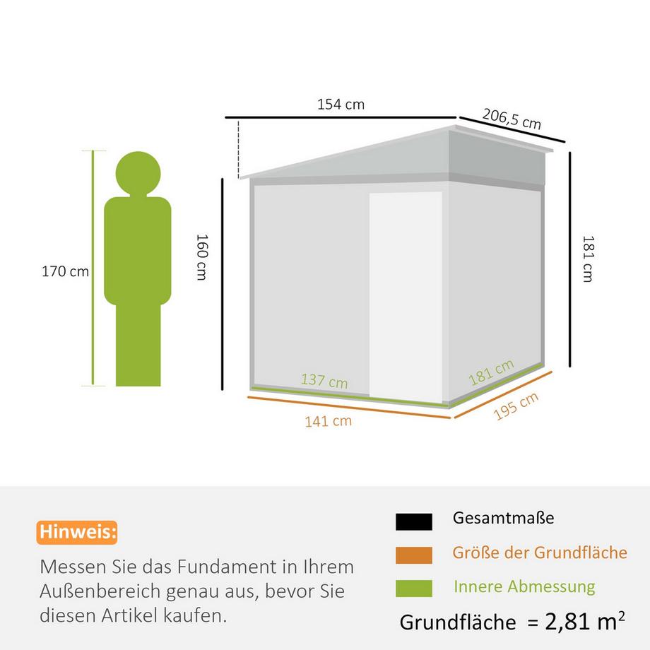 Northio Metall Gerätehaus 2,81m² 154x206,5x181 cm Geräteschuppen mit Pultdach Fundament  