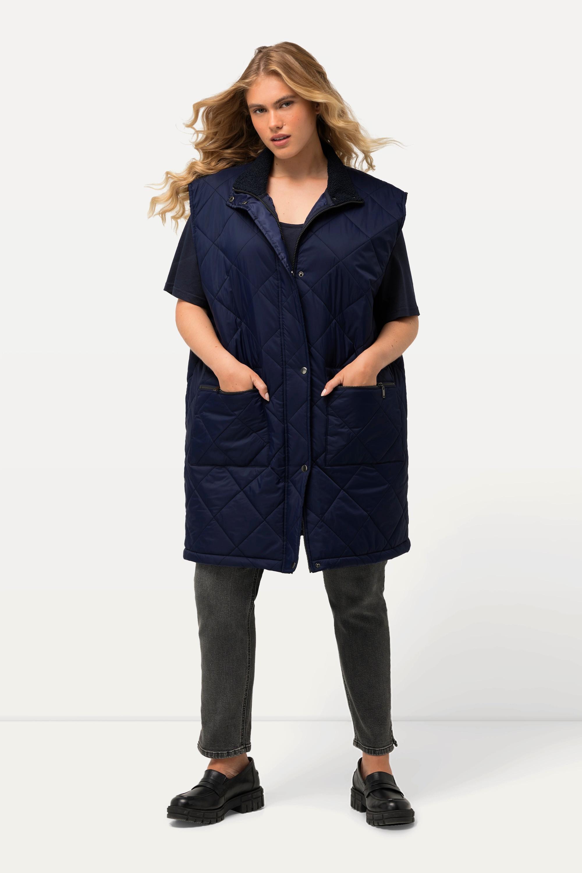 Ulla Popken Long Steppweste Stehkragen Zipper Zipptaschen  