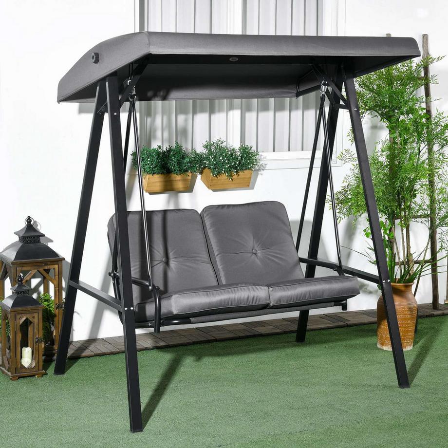 Northio Hollywoodschaukel 2-Sitzer Gartenschaukel mit Verstellbarem Dach, Kissen, Schaukelbank bis 220 kg Belastbar, für Garten, Balkon, Dunkelgrau, 145 x 116 x 172 cm  