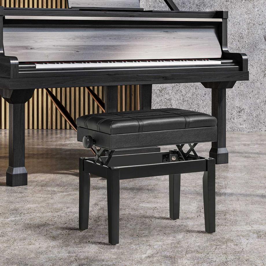 Northio Panca Per Pianoforte Sgabello Per Pianoforte Regolabile In Altezza Con Vano Portaoggetti, Cuscino In Pelle, Nero, 63X35X46-56 Cm  