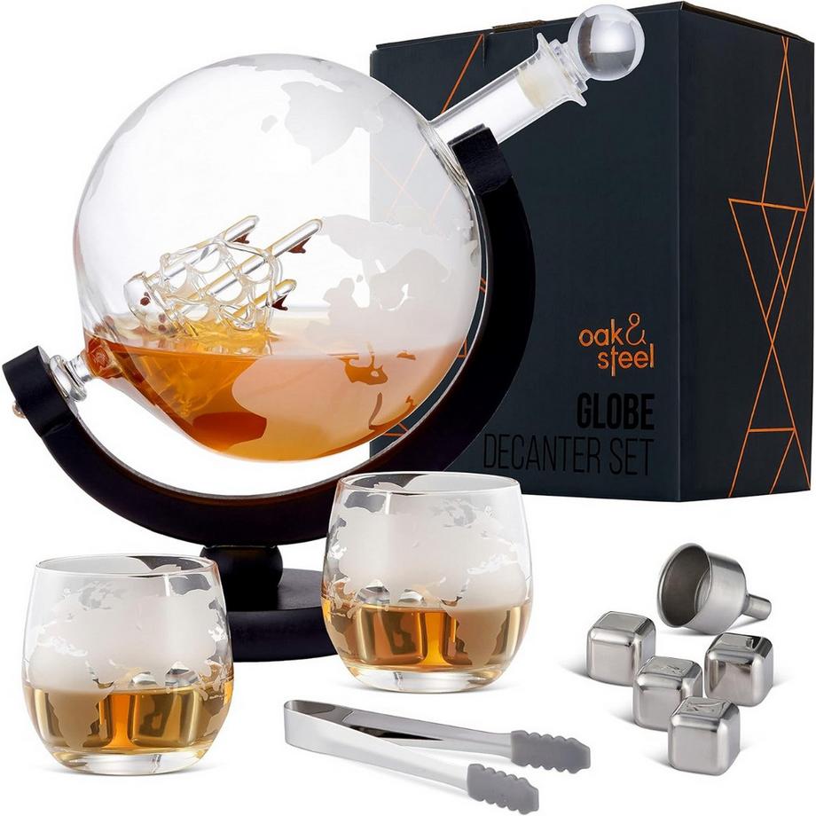 Oak & steel  Whisky Gläser und Dekanter Set Globus 