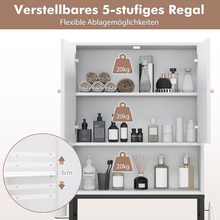 B2X Meuble de toilette étagère de toilette sur pied avec 2 portes & 2 crochets 63 x 23 x 165,5 cm blanc  