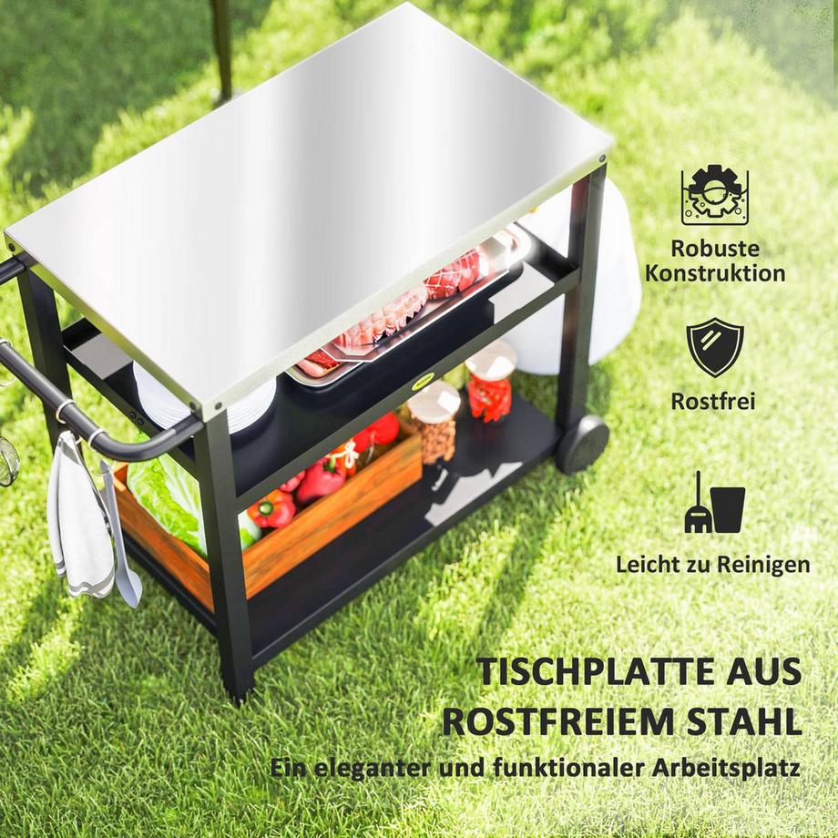Northio Grillwagen 3-Etagen Servierwagen mit Arbeitsfläche Ablagen Haken Räder, Edelstahl BBQ Grilltisch, Grill Beistelltisch, Outdoor Rollwagen, Holzkohlegrill für Garten Grill 102x50x81cm Kohlegrau Aosom  