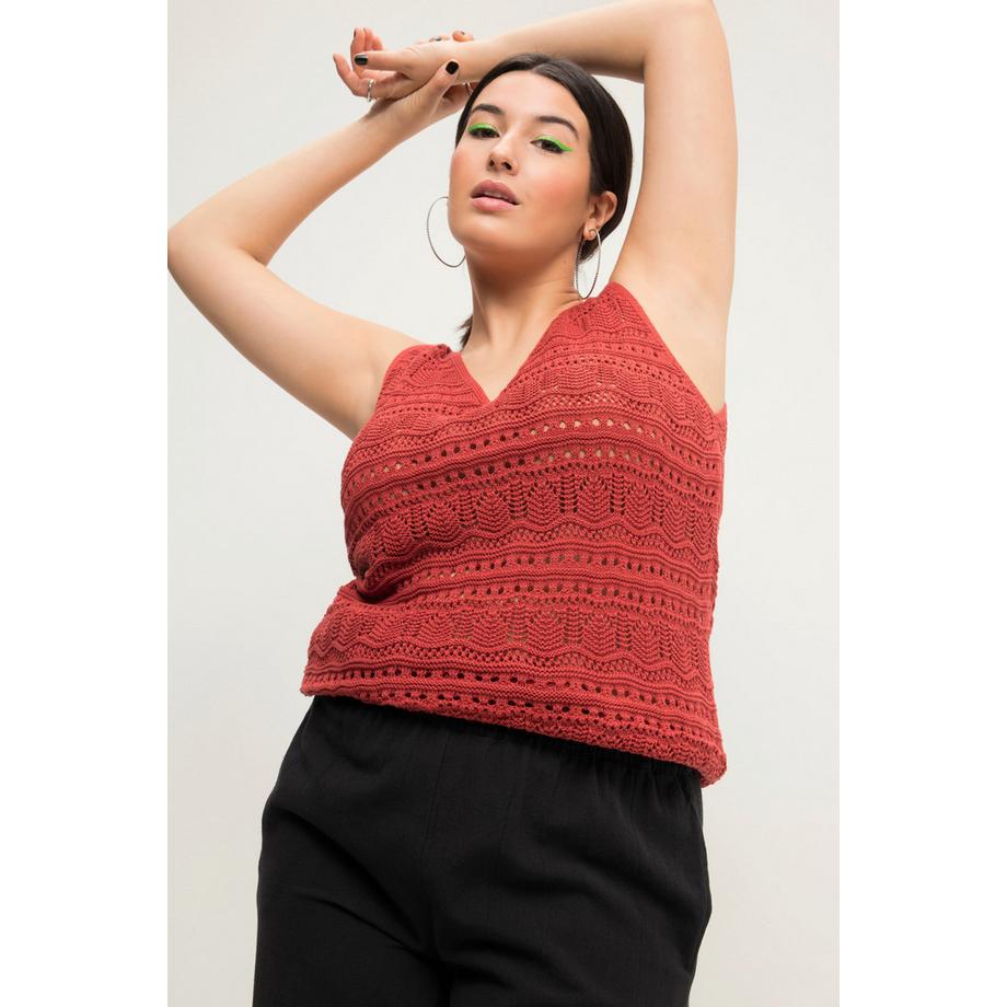 Studio Untold Ajourstrick A-Linie V-Ausschnitt Top Wellensaum  