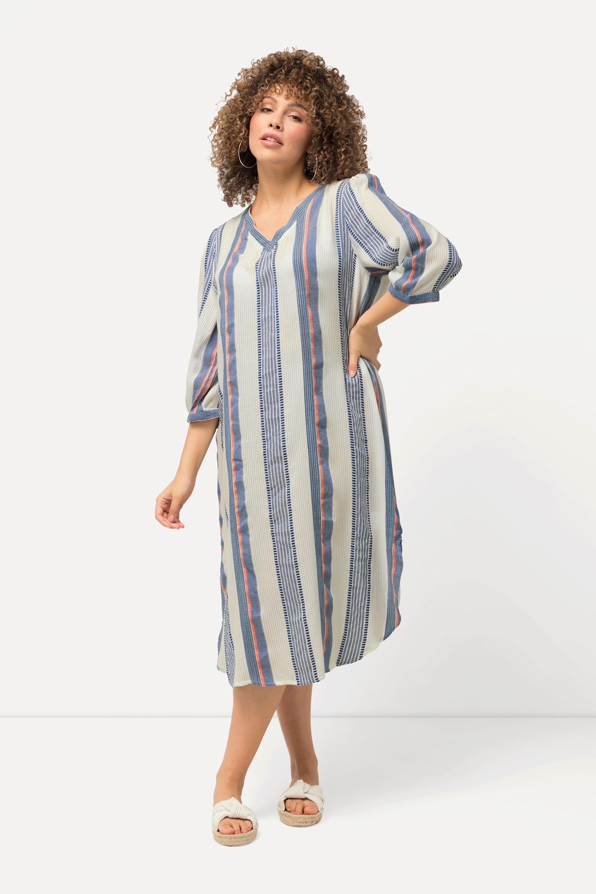 Ulla Popken  Kaftan, Musterstreifen, Oversized, V-Ausschnitt, 3/4-Arm 