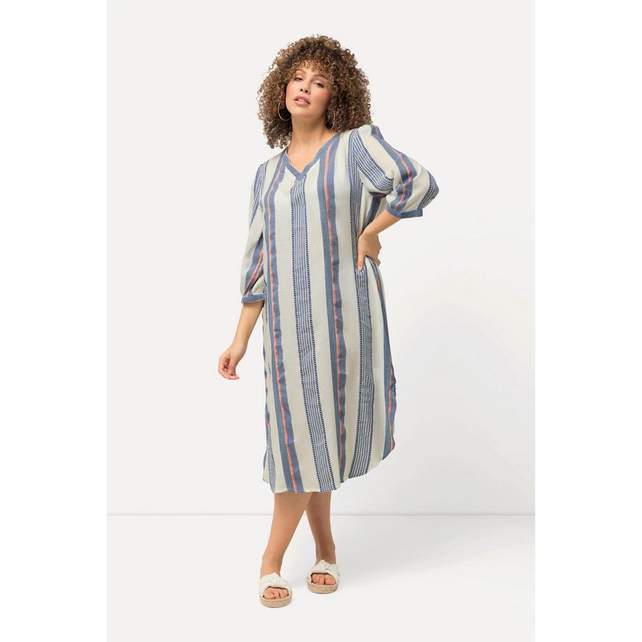 Ulla Popken Gestreifter Oversized Kaftan V-Ausschnitt 3/4-Arm  